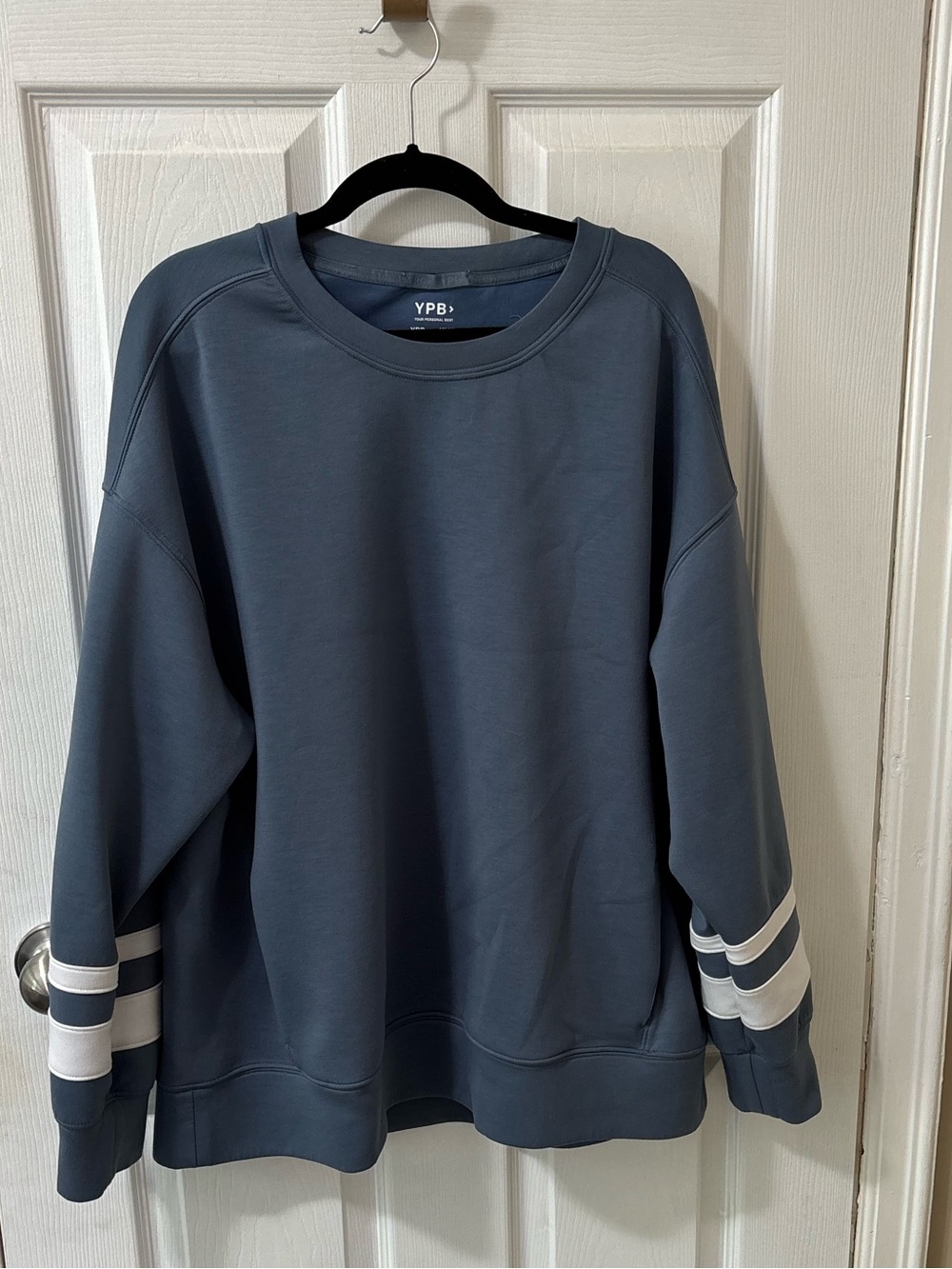 Abercrombie & Fitch Slate Blue Crewneck with White Sleeve Stripes